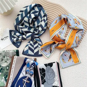 Élégant foulard en soie à imprimé géométrique floral pour femmes, cravate et ruban à cheveux.