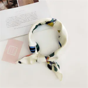 Small square silk scarf for women, elegant neckerchief, stylish decorative print for spring summer.