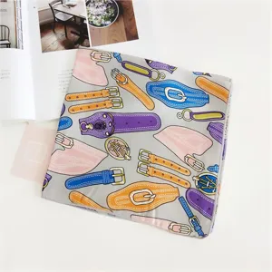 Elegant grey silk square scarf featuring a classic belt and buckle print, perfect for chic styling.