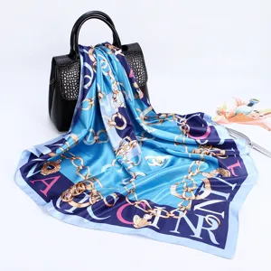 Blue silk scarf 90cm square satin fashion chain print headscarf luxury style shawl gift.