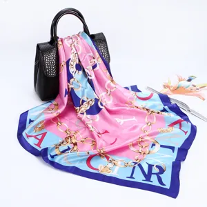 Women 90cm square silk scarf satin fashion chain print elegant shawl headwrap accessory.