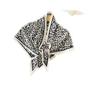 Vintage black white leopard print silk scarf fashion square head wrap for women chic