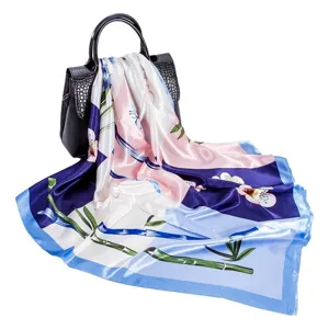 Elegant floral print imitation silk square scarf 90cm women fashion hair scarf shawl gift.