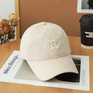 Korean style soft top baseball cap for men and women, casual cotton letter R embroidered hat