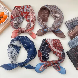 Spring summer women cotton linen small square scarf vintage paisley print neckerchief head wrap
