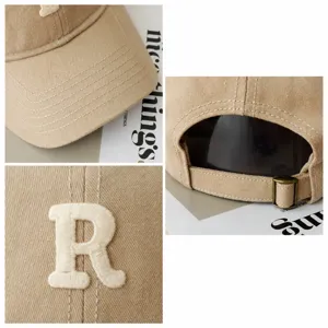 Beige baseball cap with letter R embroidery and adjustable strap for men and women daily wear.