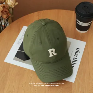 Unisex olive green soft top baseball cap with embroidered letter R, casual cotton hat.