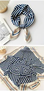 Korean style square silk scarf for women, elegant geometric pattern neckerchief and hair band.
