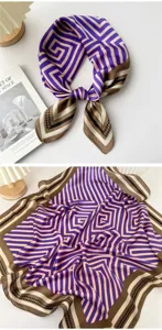 Chic geometric pattern square silk scarf for women, elegant purple daily neckerchief.