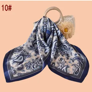 Foulard carré bleu blanc imprimé cachemire élégant satin chiffon tour de cou 70cm