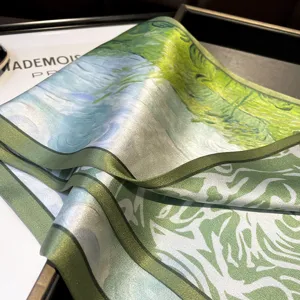 Green silk ribbon scarf elegant mulberry silk long neckerchief 150x15cm art print