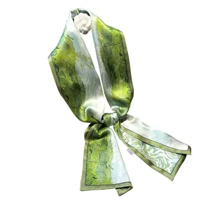 Silk twilly scarf green art print long neckerchief 150x15cm spring autumn women accessory
