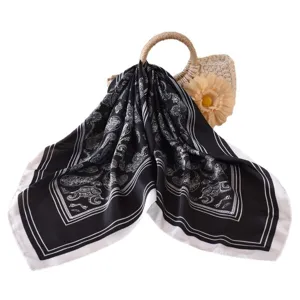 Donna 70cm sciarpa quadrata nero bianco stampa cachemire raso chiffon moda vista principale
