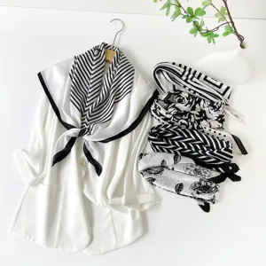 90cm black and white satin silk square scarf elegant floral geometric design shawl for women