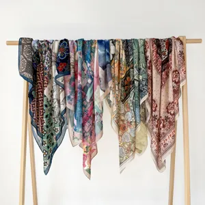 Vintage silk cotton square scarf retro graffiti ethnic style large head scarf shawl wrap