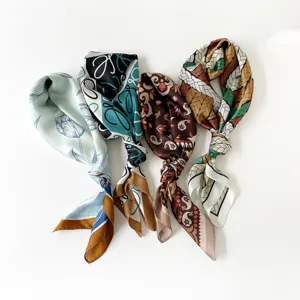 Women satin silk square scarf 90cm vintage floral print fashion lightweight shawl for spring summer.