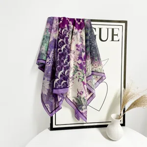 Detailed view of vintage purple silk blend square scarf with artistic graffiti and floral prints.