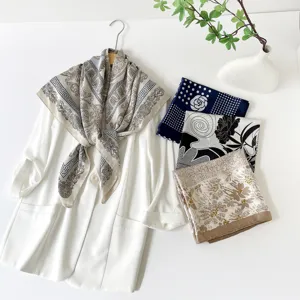 Elegant 90cm satin silk scarf featuring vintage prints, versatile square design for women.