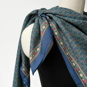 Vintage silk cotton scarf detail, ethnic floral geometric print large square neckerchief.