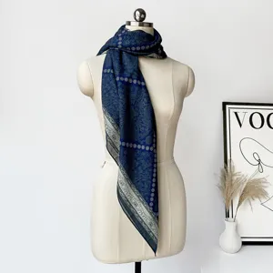 Retro silk-cotton square scarf with classic paisley print, versatile ethnic style neckerchief.