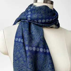 Retro ethnic style silk cotton scarf, elegant blue paisley patterned square neckerchief.
