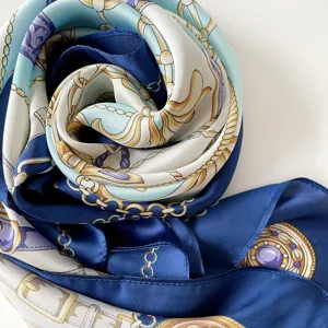 Elegant 90cm satin silk scarf with classic blue chain print, versatile retro square shawl.