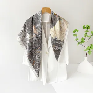 Elegant 90cm satin silk square scarf for women, featuring a stylish retro botanical print.