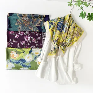 Square silk scarf satin vintage floral print elegant women neckerchief shawl wrap accessory
