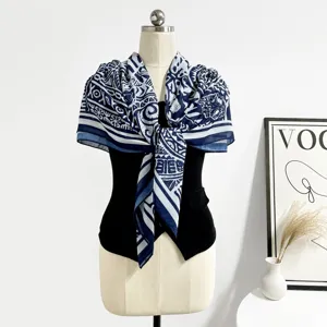 Retro silk cotton square scarf with tribal graffiti print, versatile blue white fashion shawl.