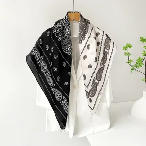 90cm satin silk square scarf classic black and white paisley print vintage shawl for women