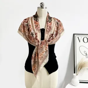 Retro silk cotton square scarf, ethnic style large shawl and versatile women neckerchief.