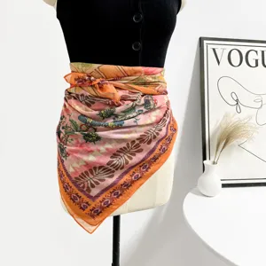 Retro silk cotton square scarf with ethnic graffiti print, versatile fashion accessory for women.