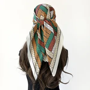 Silk feel square scarf retro braided pattern green brown elegant women head wrap 90cm