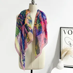 Artistic graffiti silk cotton square scarf, vintage colorful patchwork design for women daily wear.