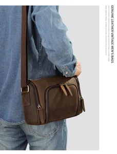 Vintage genuine leather men shoulder bag with retro crossbody cylinder design for daily use