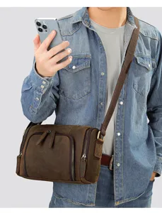 Men's vintage brown crazy horse leather crossbody shoulder bag casual small cylinder bag