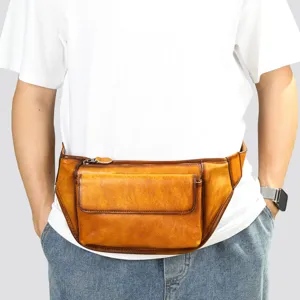 Bolso de pecho de cuero genuino retro bolso cruzado informal para hombre diseño de piel de vaca