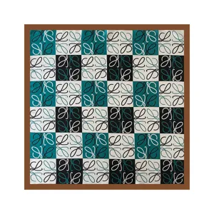 90cm satin square scarf with retro checkerboard pattern and classic designer printed details.