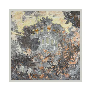 Luxury 90cm silk scarf with tropical architecture design, vintage satin square wrap for women.