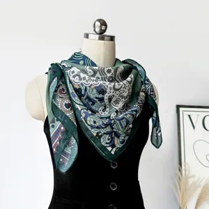 Retro mosaic graffiti printed square scarf detail view, elegant green and blue silk neckerchief.