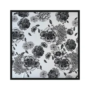 Black and white floral silk square scarf, retro botanical design detail view for women.