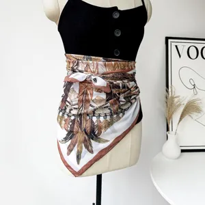 Retro silk cotton scarf bohemian tribal feather print square wrap versatile stylish neckerchief
