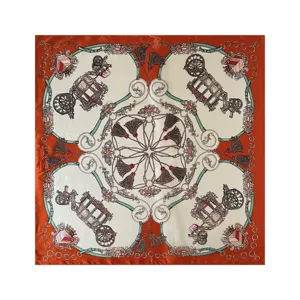 Classic carriage printed satin silk square scarf 90cm vintage luxury style elegant shawl.