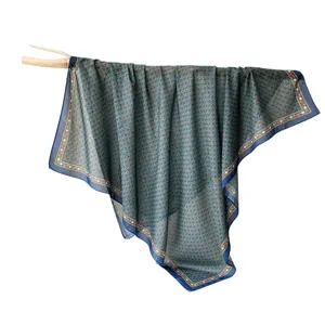 Retro blue silk cotton square scarf with elegant geometric floral print for women fashion spring.