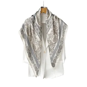 90cm satin silk square scarf for women, vintage baroque print luxury neckerchief shawl.
