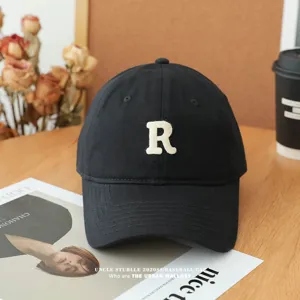 Unisex black baseball cap with embroidered letter R, casual soft top hat for all seasons.