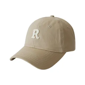 Large size khaki baseball cap with white letter embroidery, soft top casual hat for all seasons.