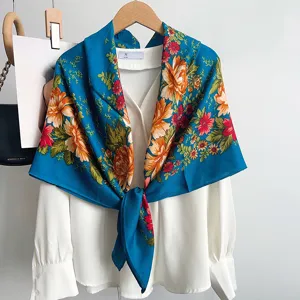 Retro blue floral square scarf shawl elegant women fashion accessories silk feel neckerchief