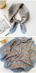 Korean style blue paisley silk square scarf women spring thin neck scarf hair band 70cm chic