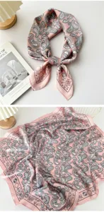 Pink paisley silk square scarf for women, elegant lightweight neckerchief for daily wear.